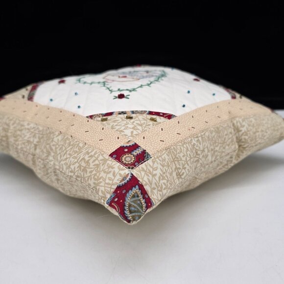 Handmade Quilted Beaded Throw Pillow Embroidered House & Heart Design 10" Square - Picture 12 of 13